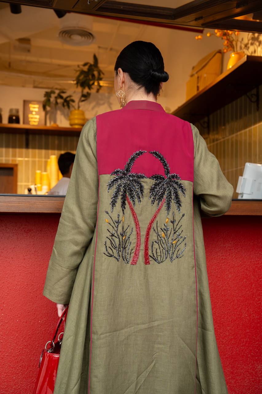 Linen abaya in olive green with hand embroidery (with inner set). C:6748