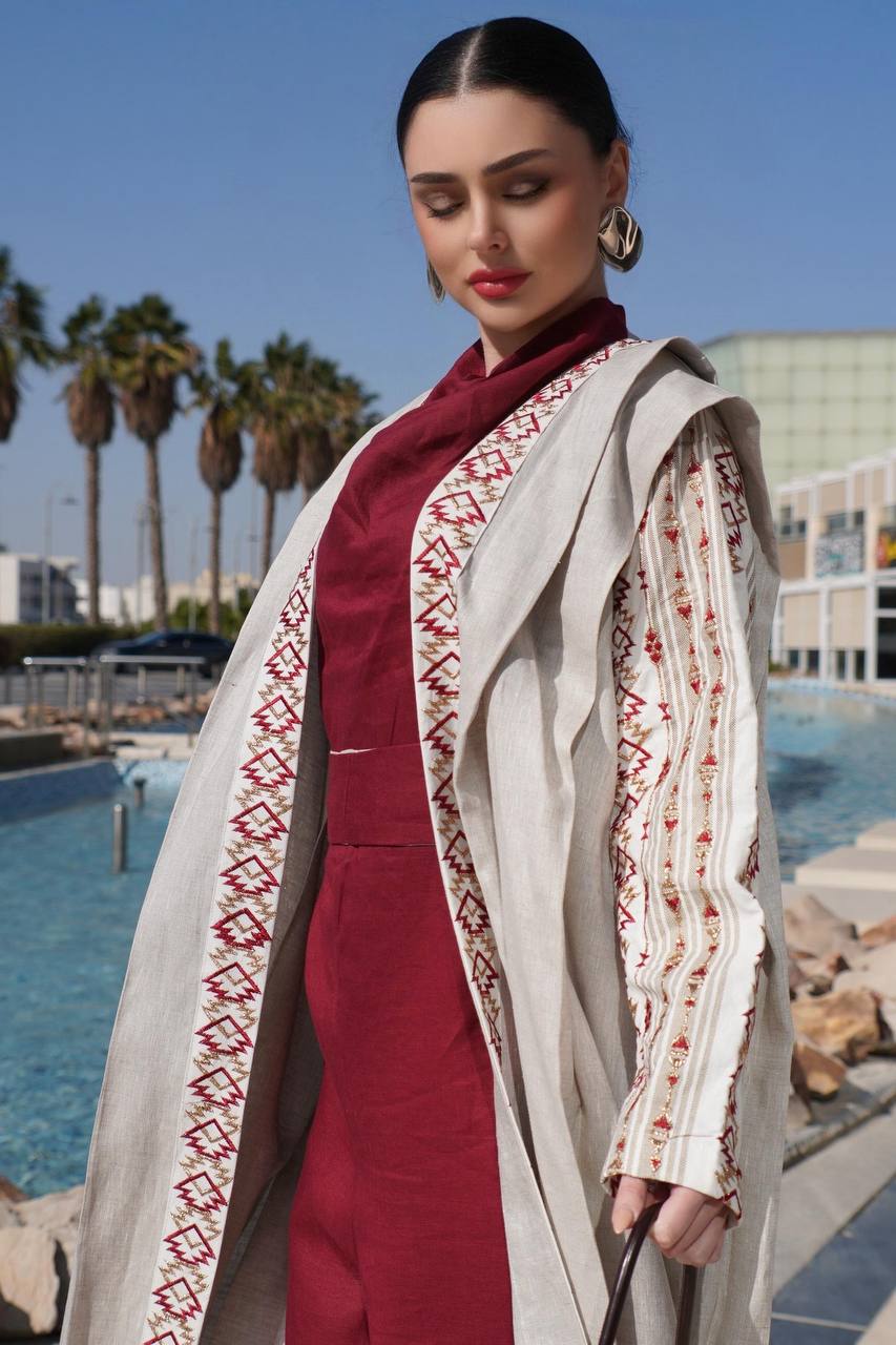 Beige linen abaya with embroidery. C:6758