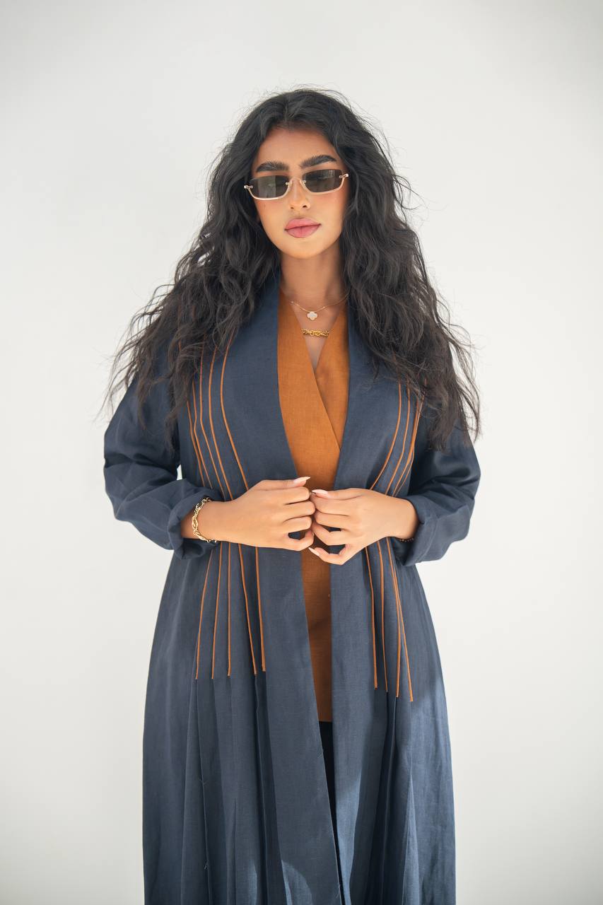 Navy blue linen abaya with inner set C:6637