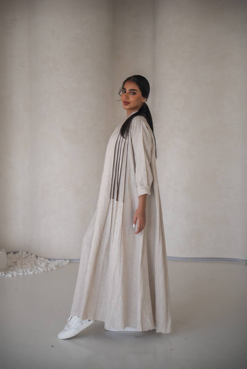 Abaya with a blouse and skirt made of natural linen C:6637 Beige