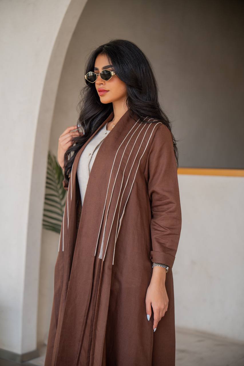 Abaya with inner set made of linen, brown with beige inserts C:6637