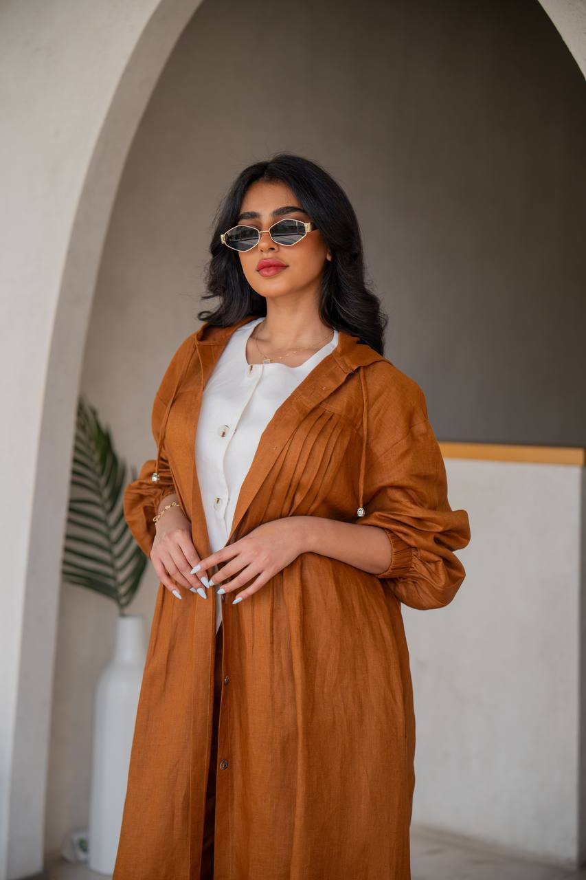 Free size linen abaya in camel color, with inner set C:6634 (Free size)