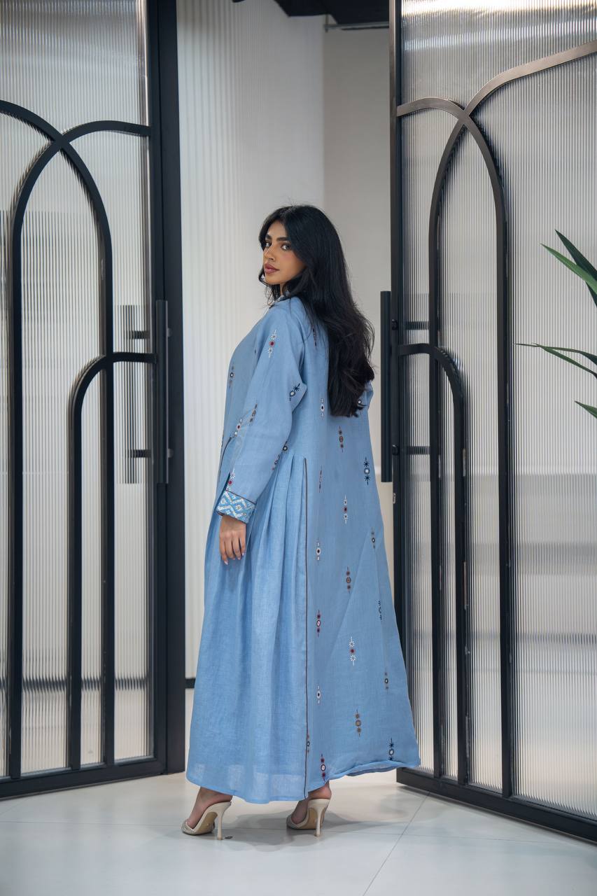 Sky blue linen abaya with embroidery C:6623 Blue