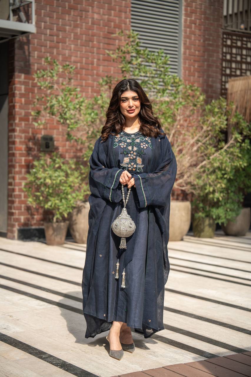 Bisht made of hessian material and linen dress, in navy blue with hand embroidery C:6619