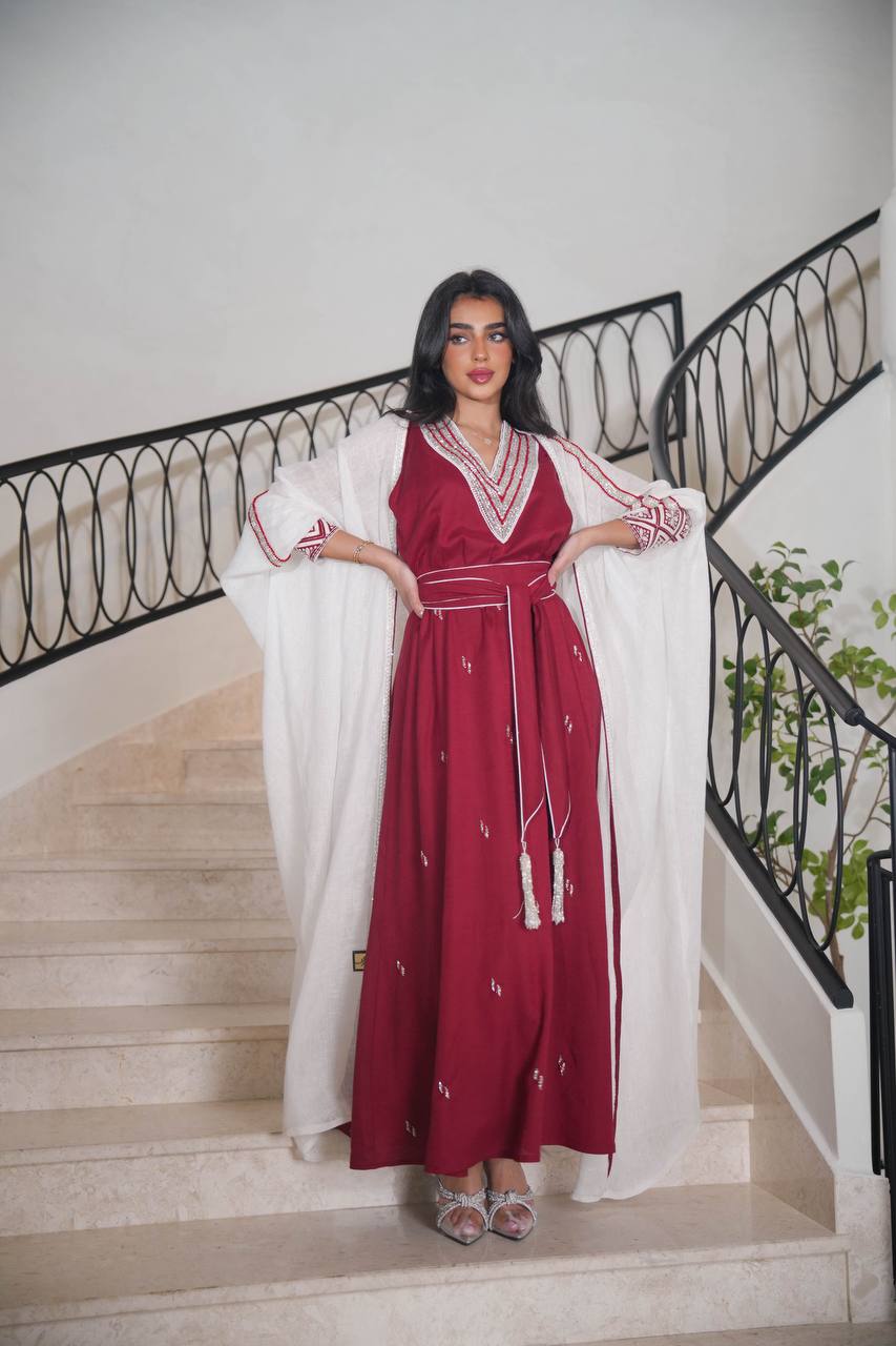 White burlap bisht with burgundy linen dress with embroidery C:6613