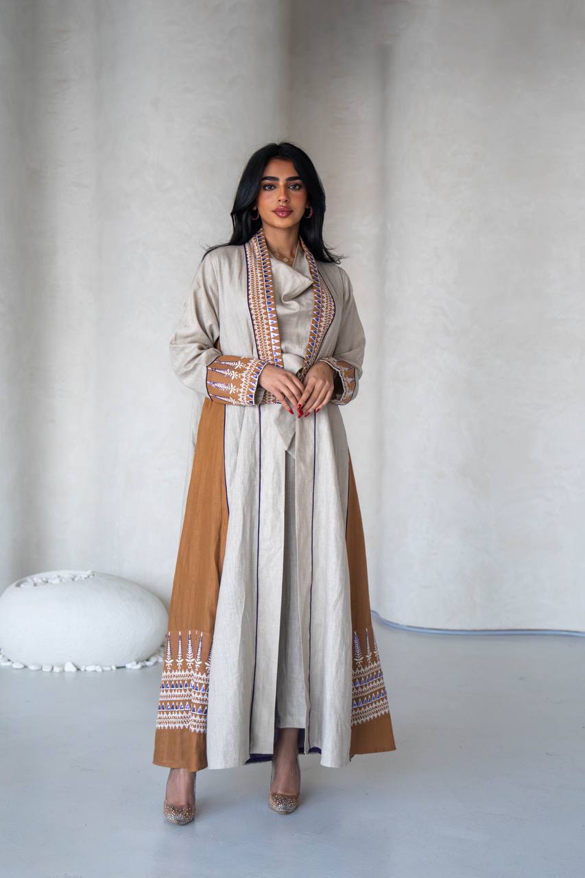 Linen abaya in light beige with embroidery C:6588 Light Beige