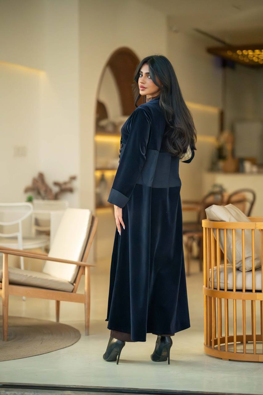 Crepe velvet abaya with ribbed velvet in navy color C:6581