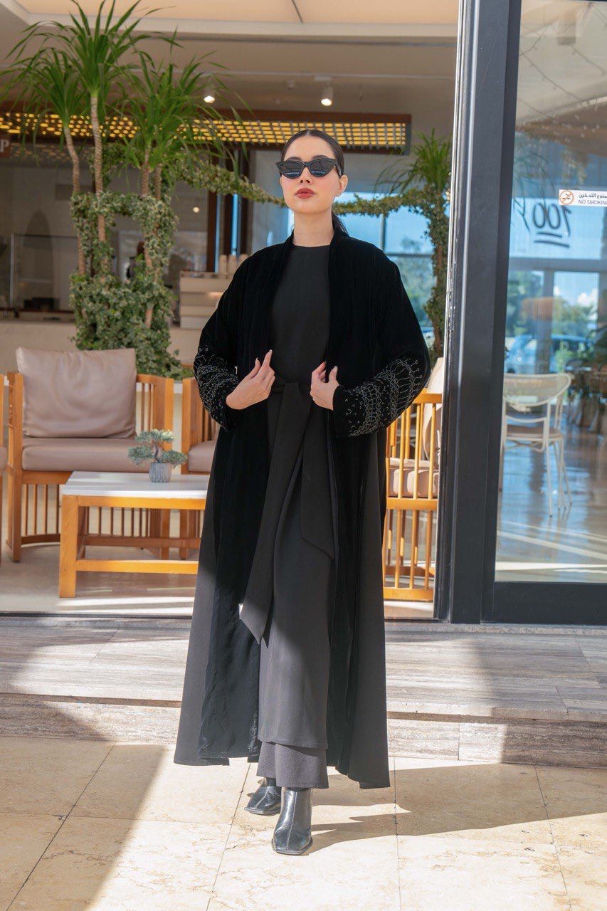 Black velvet and crepe abaya with hand embroidery C:6579 Black