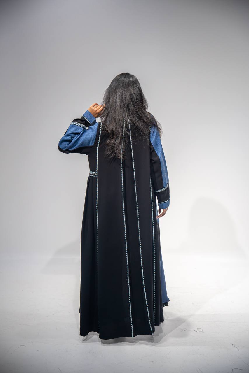 Black crepe abaya with blue linen, with embroidery. C:6672