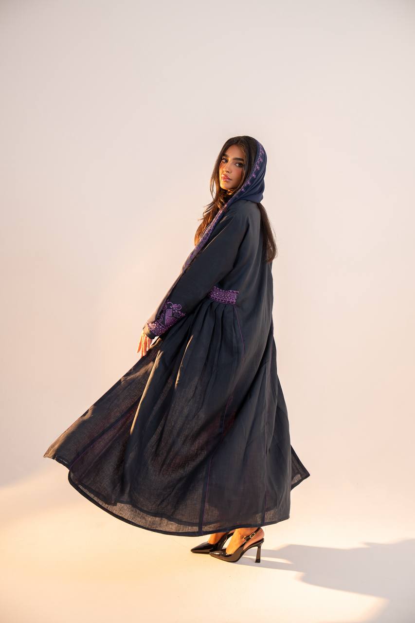 Navy blue linen abaya with purple embroidery. C:6691