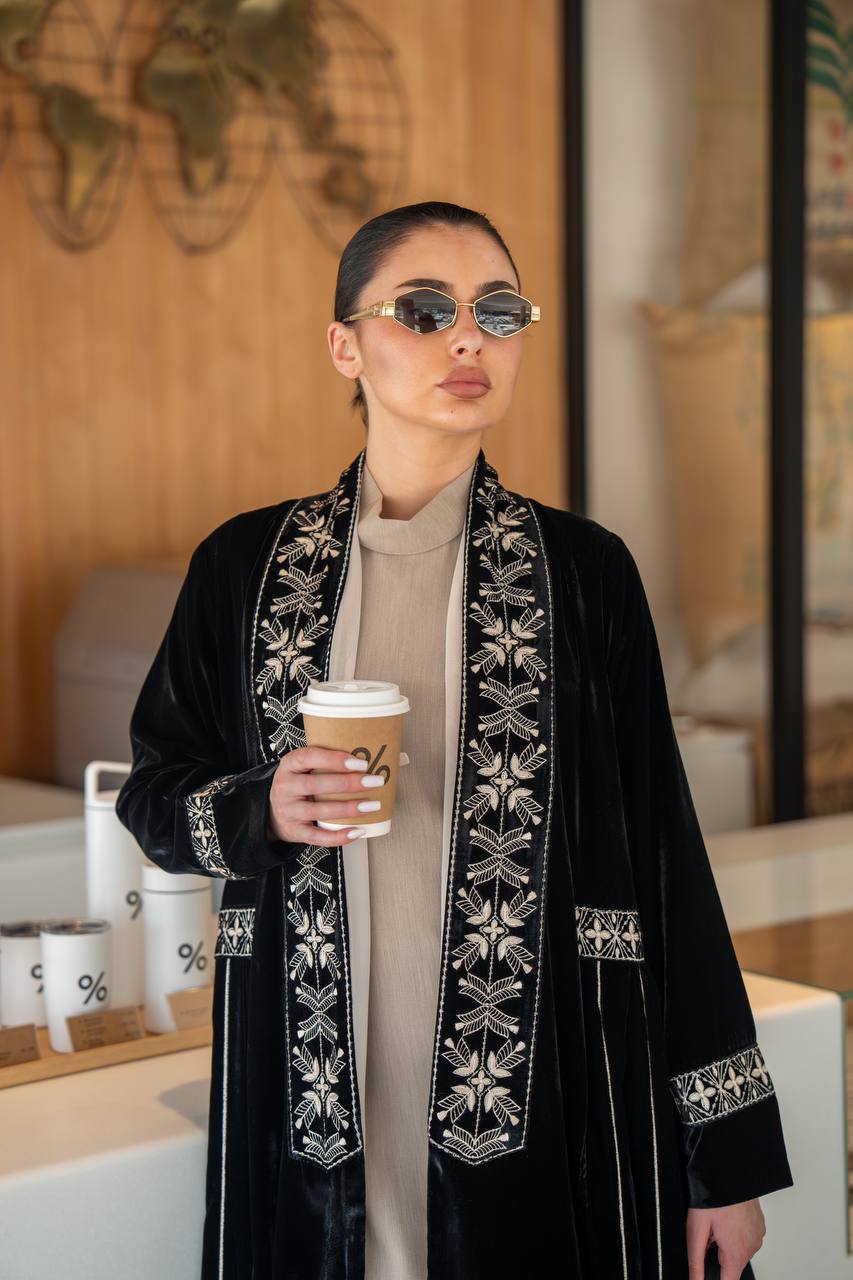 Black velvet abaya with embroidery.C:6700