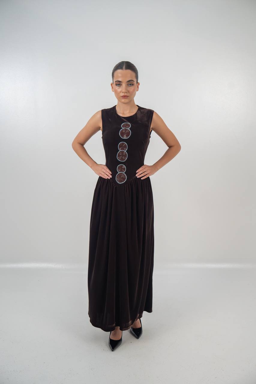 Bisht and dress set in brown velvet with hand embellishment.C:6718