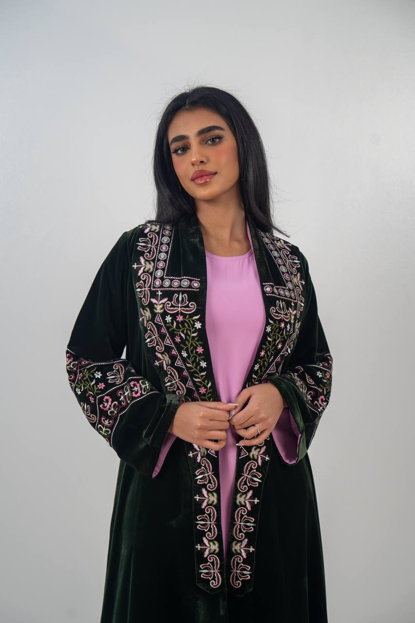 Embroidered velvet abaya, olive green. C:6708