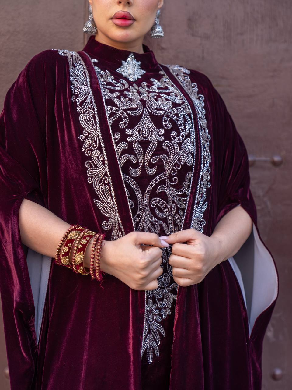 Burgundy velvet abaya and dress set. C:6731
