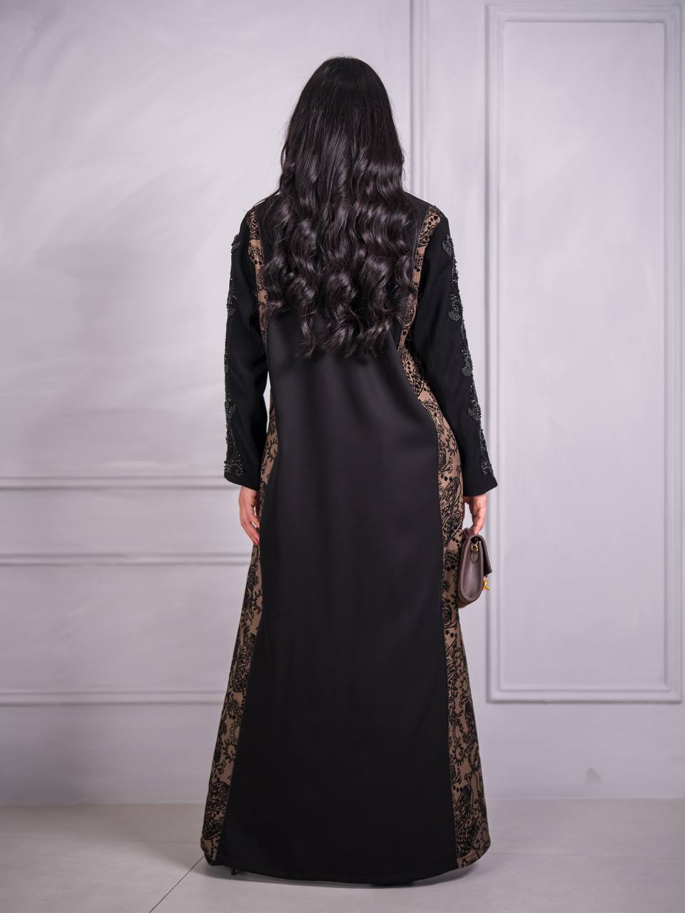 Plain black crepe blazer abaya with brown printed crepe. C:6733 Brown