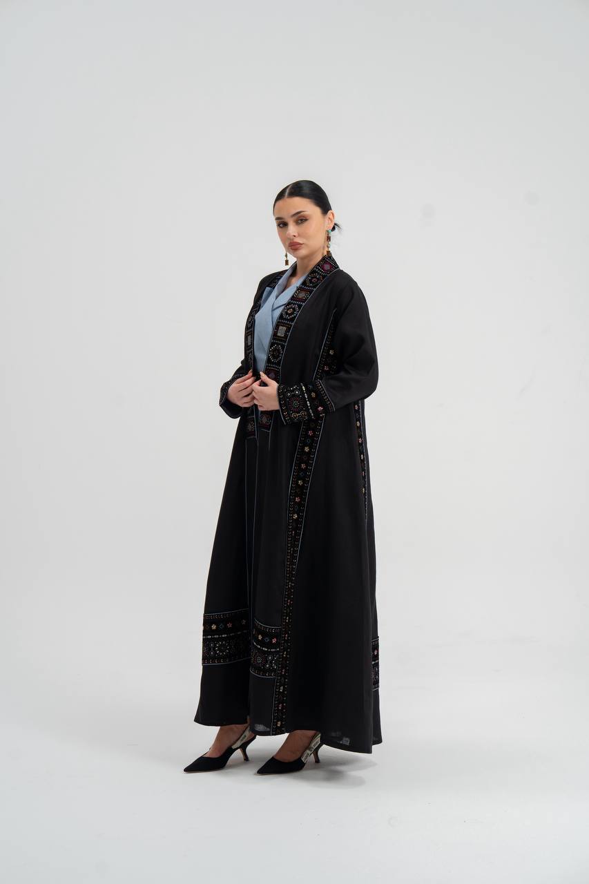 Linen abaya in black with embroidery.C:6746