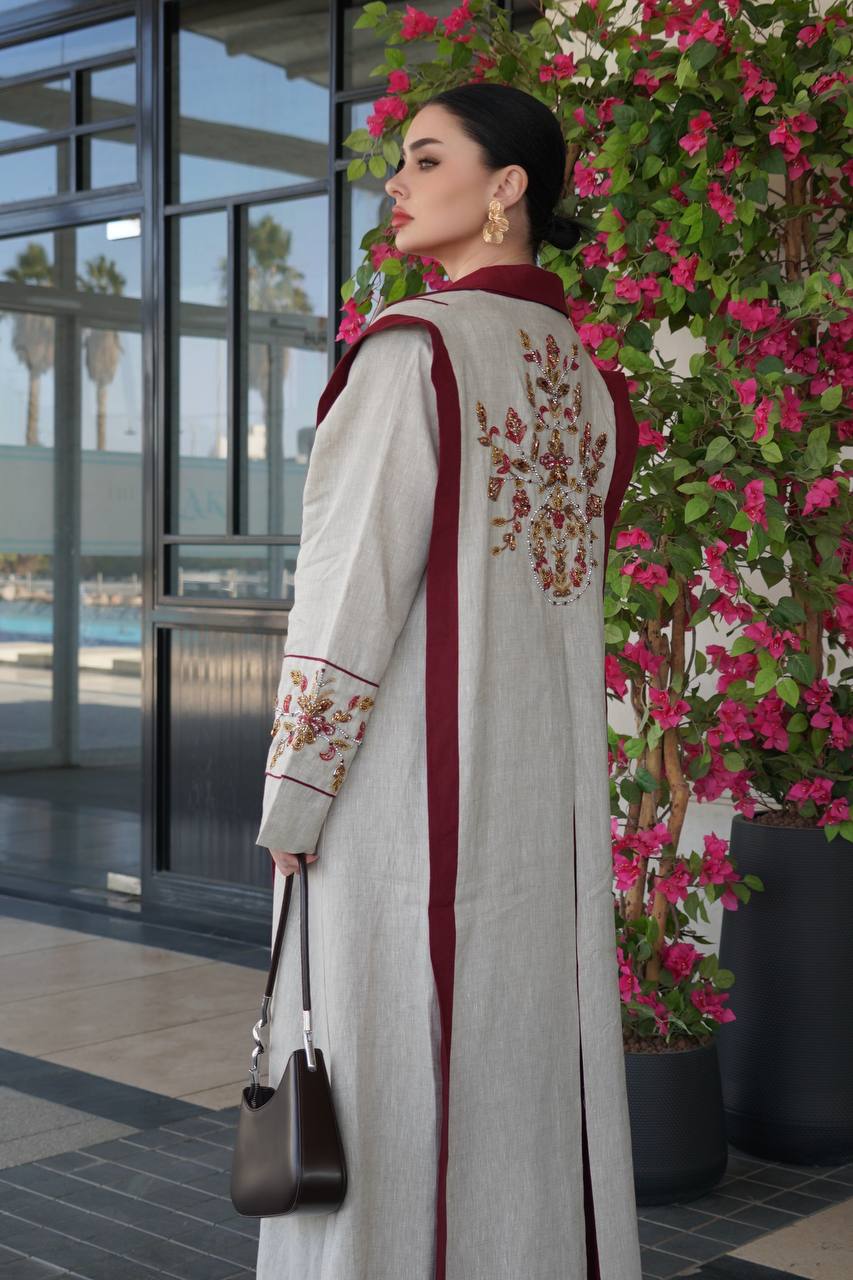 Beige linen blazer abaya with hand-stitched details .C:6755