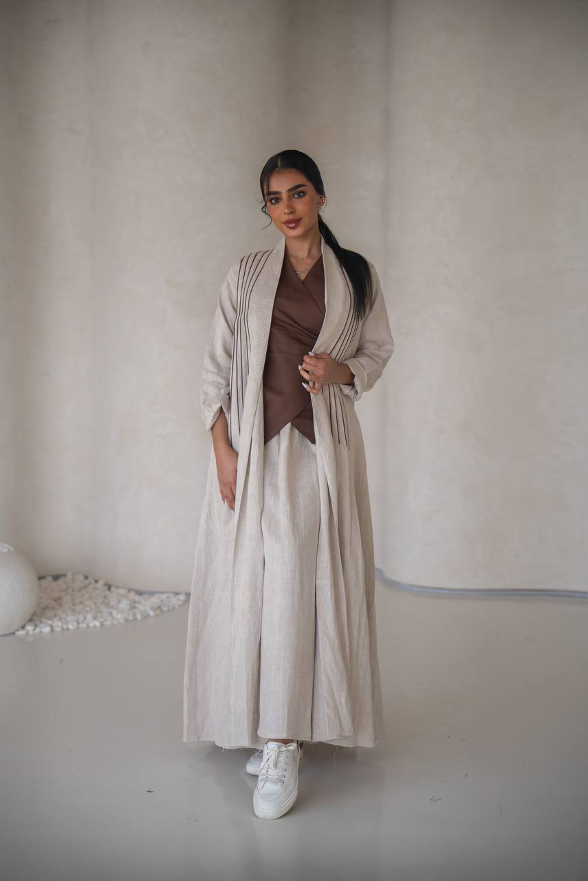 Abaya with a blouse and skirt made of natural linen C:6637 Beige