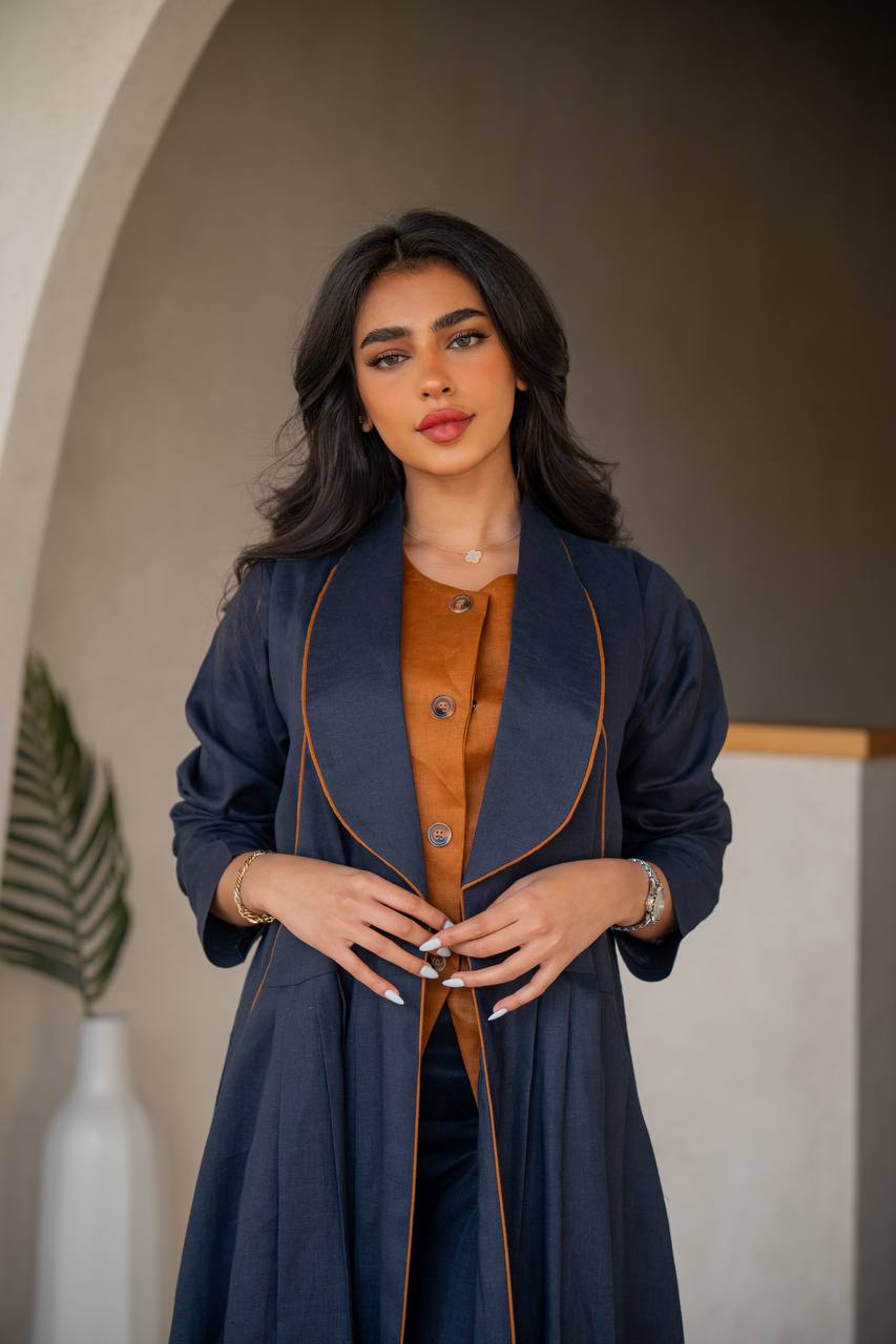 Navy blue linen abaya with inner set C:6633 Blue