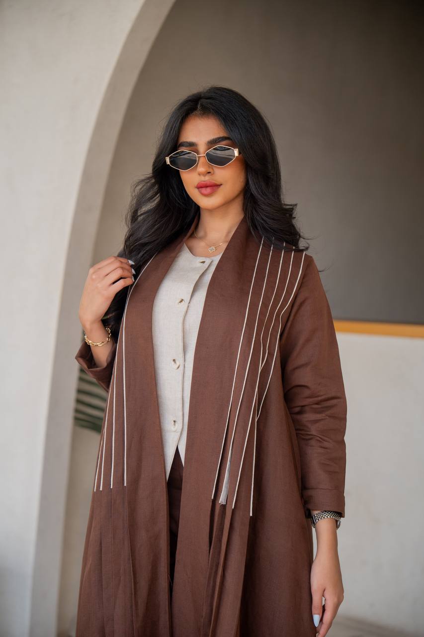 Abaya with inner set made of linen, brown with beige inserts C:6637