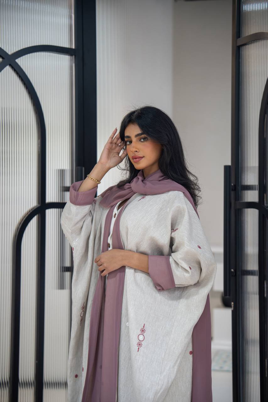 Light beige linen abaya with embroidery C:6622 Beige (Free size)