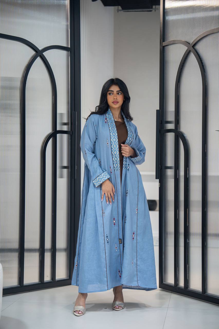Sky blue linen abaya with embroidery C:6623 Blue