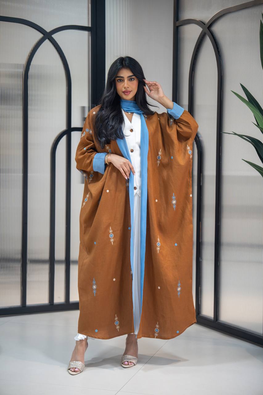 Camel-colored linen bisht abaya with embroidery C:6622 Brown (Free size)