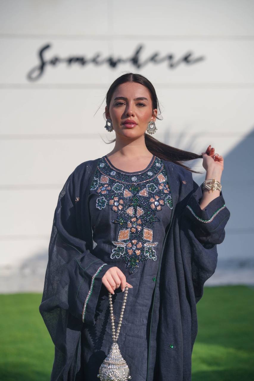 Bisht made of hessian material and linen dress, in navy blue with hand embroidery C:6619 (Free size)