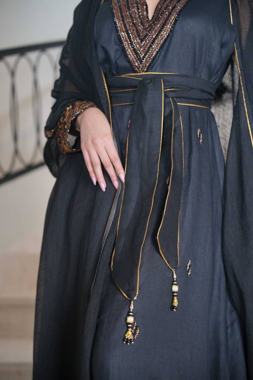 Burlap Bisht with Black Linen Dress with Hand Embroidery C:6613