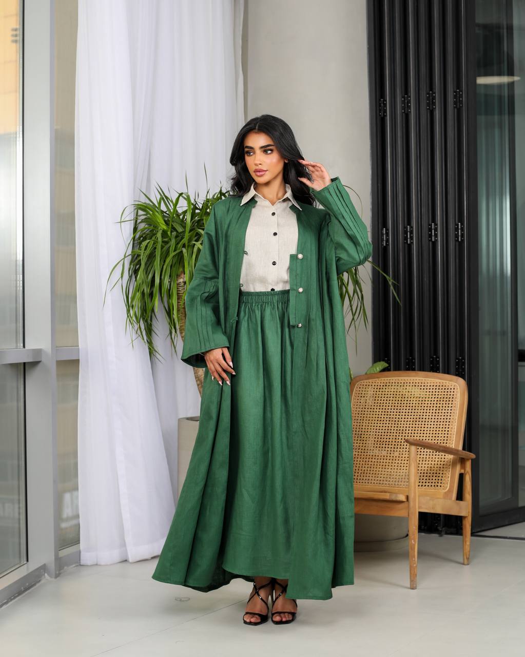Linen Abaya Green C:6487(Free size)