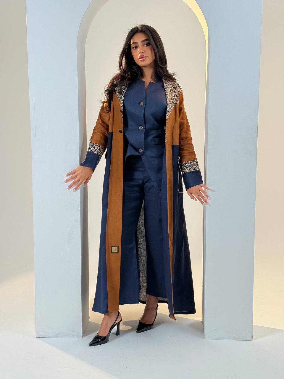 Camel and navy linen abaya with embroidery.C:6692