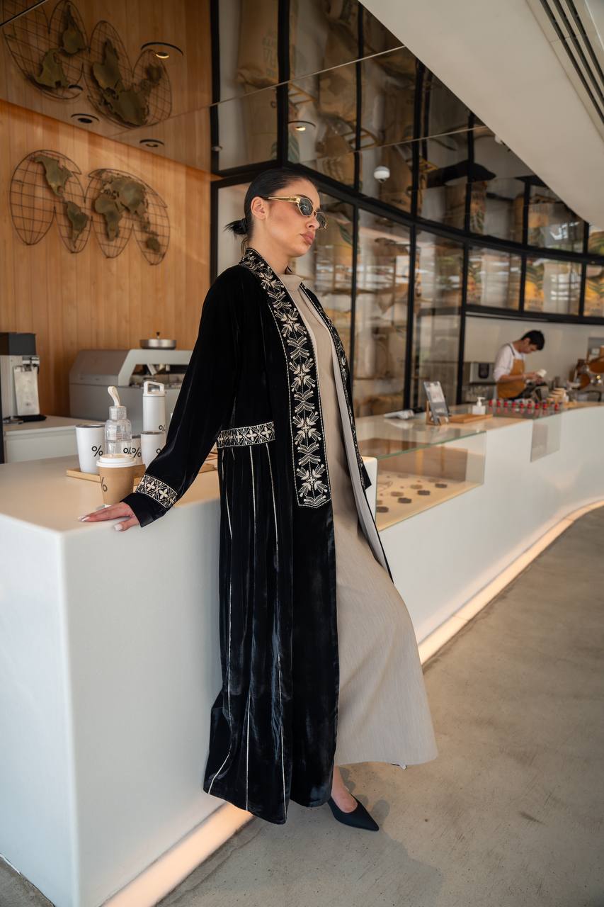 Black velvet abaya with embroidery.C:6700