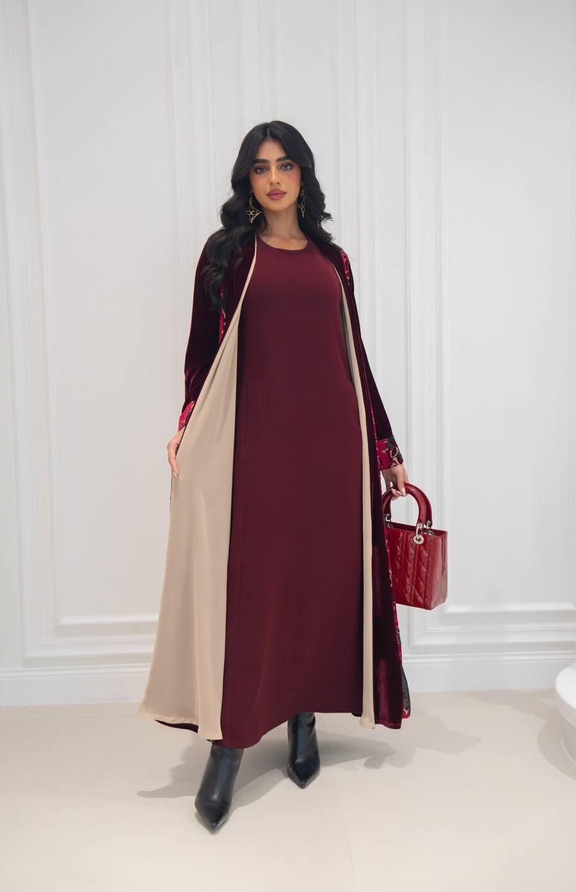 Burgundy velvet abaya. C:6573