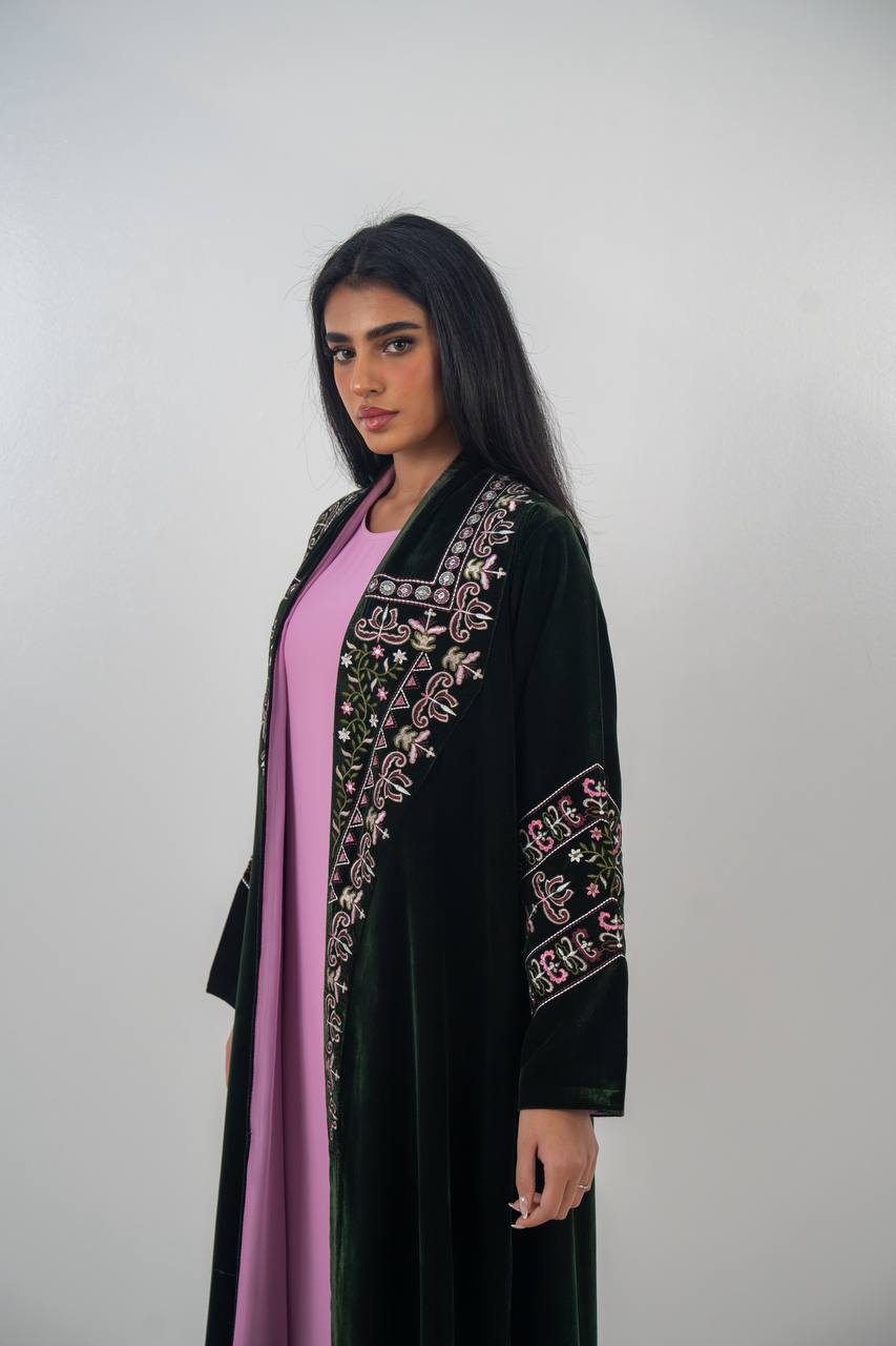 Embroidered velvet abaya, olive green. C:6708