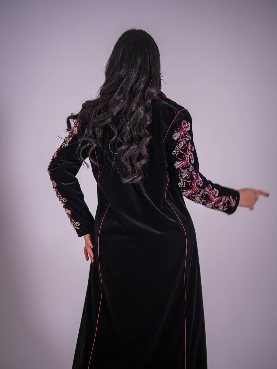 Black velvet blazer abaya with hand-stitched details. C:6735