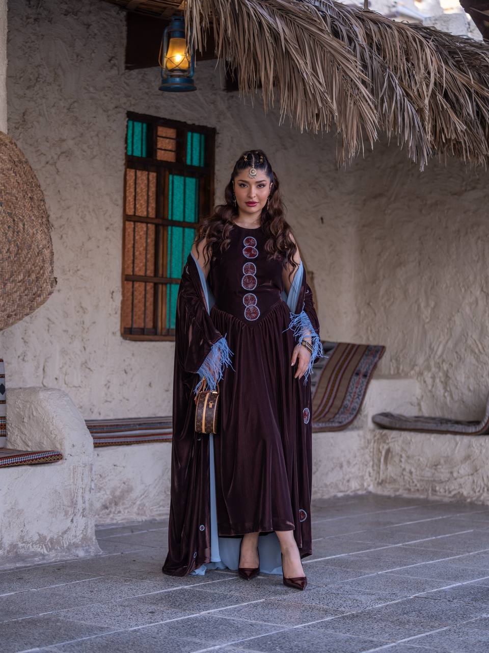 Bisht and dress set in brown velvet with hand embellishment.C:6718
