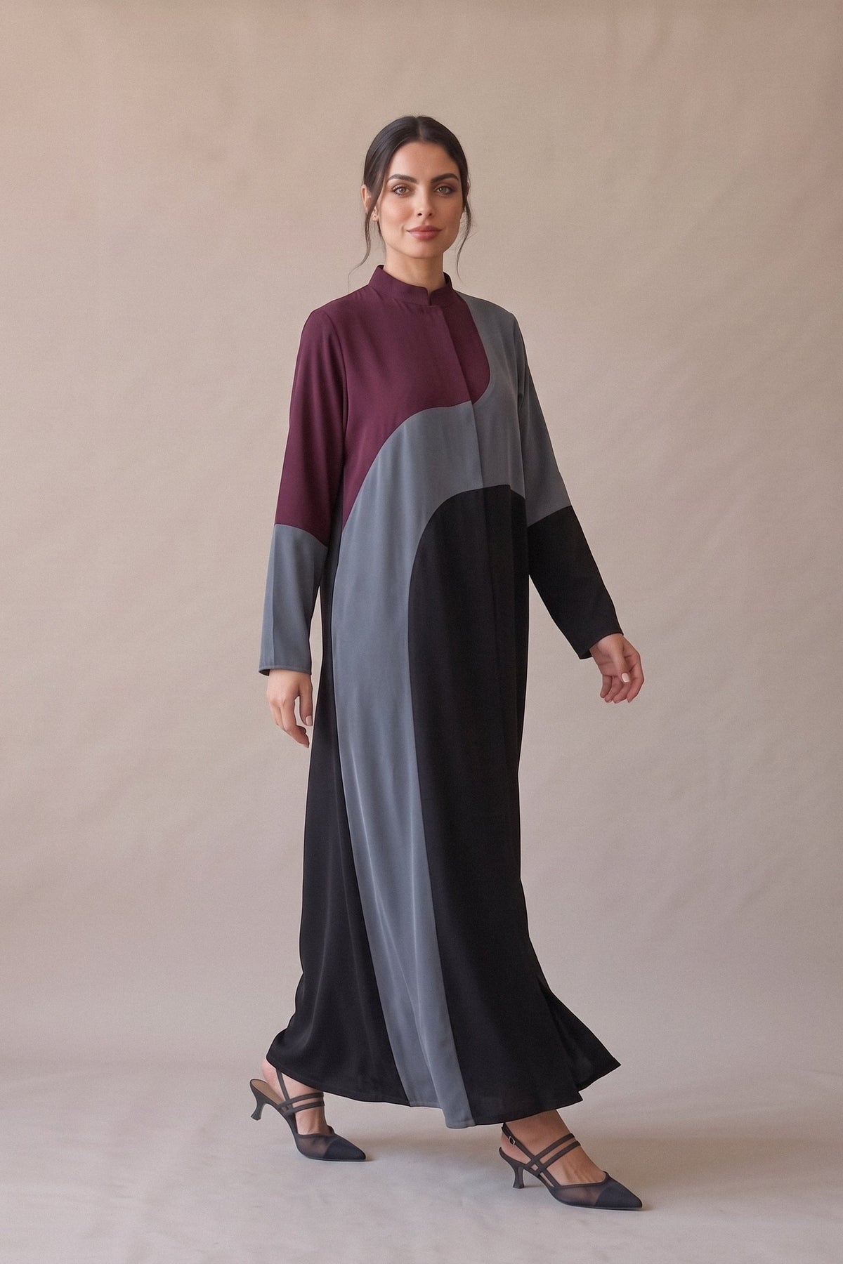 Black Crepe Abaya with Burgundy and Grey Details – 2076