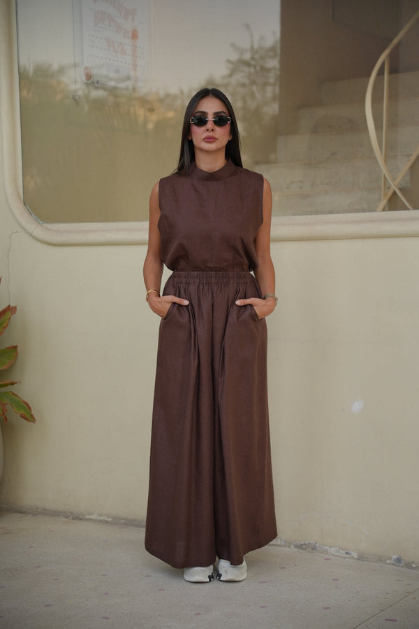 Brown linen blouse and pants set