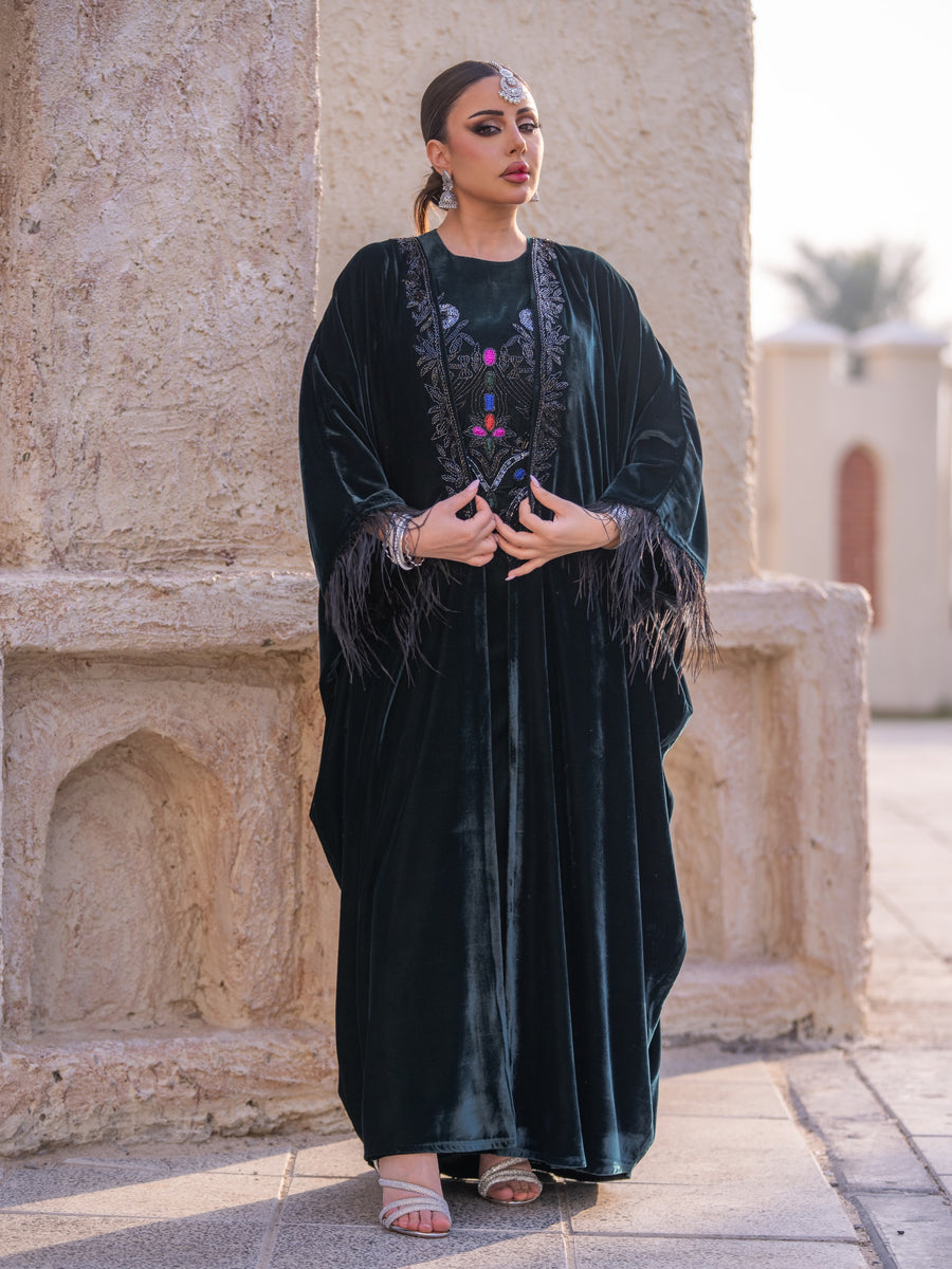 Bisht and dress set in Dark green velvet with hand embellishment