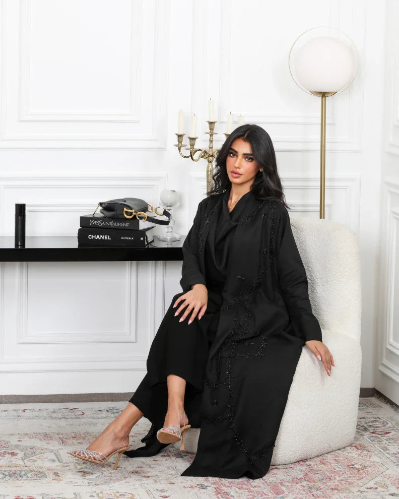 ABAYA BLACK LINEN WITH PEARL 6488 BLACK