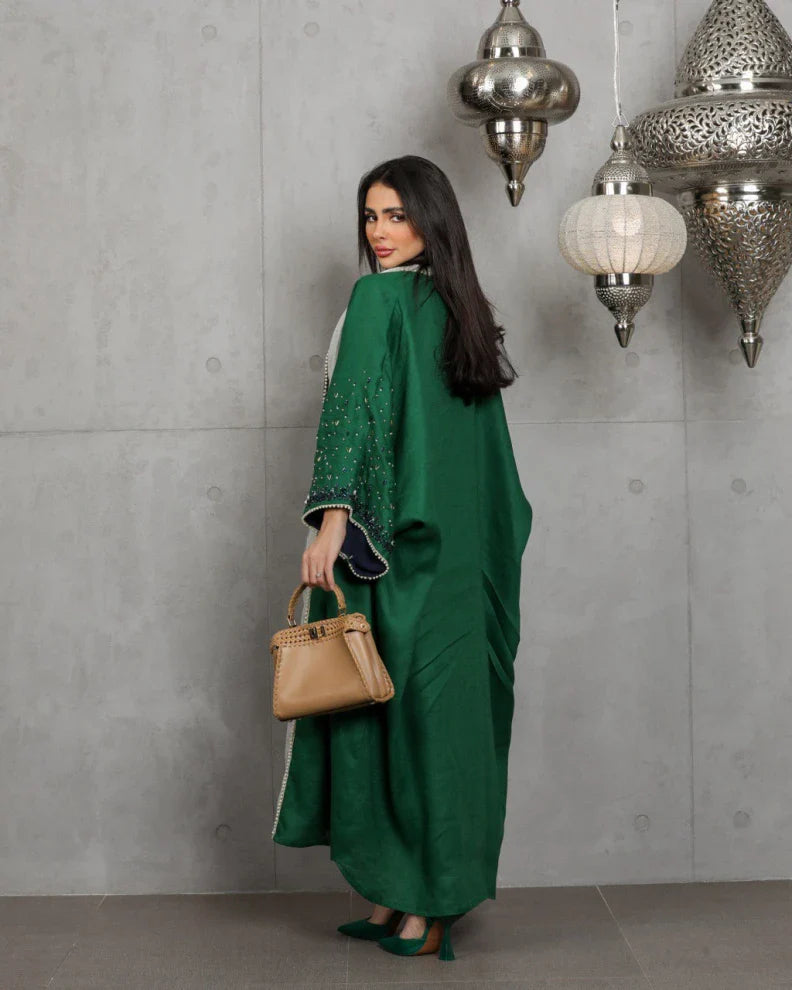 abaya Linen green handmade beads C:6453GREEN