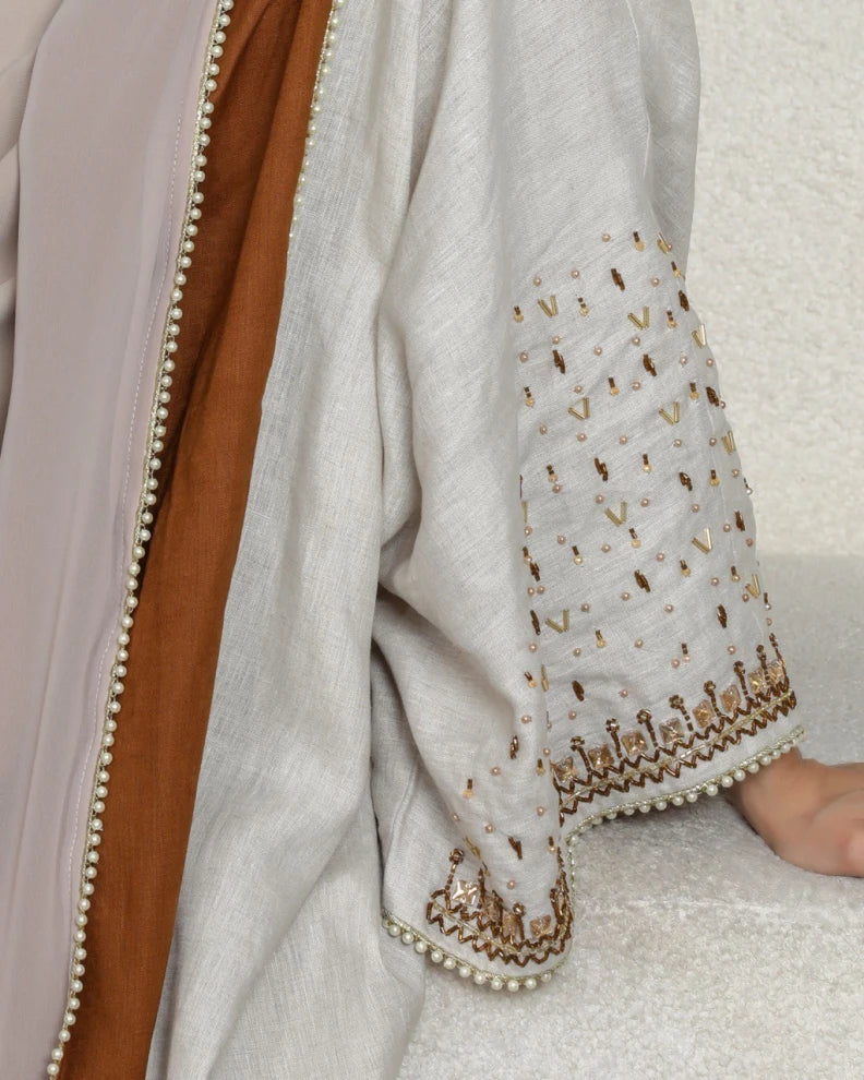 Abaya with beige linen material and camel design with embroidery C: 6453beage