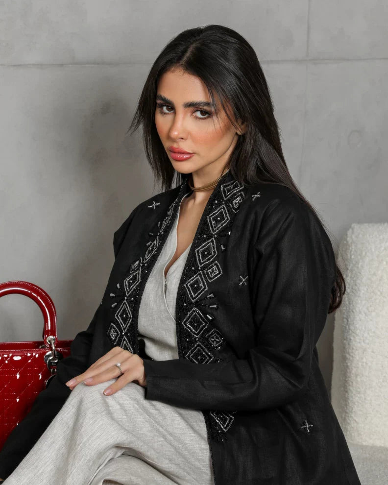 abaya Linen black with handmade embriodry C:6432BLACK