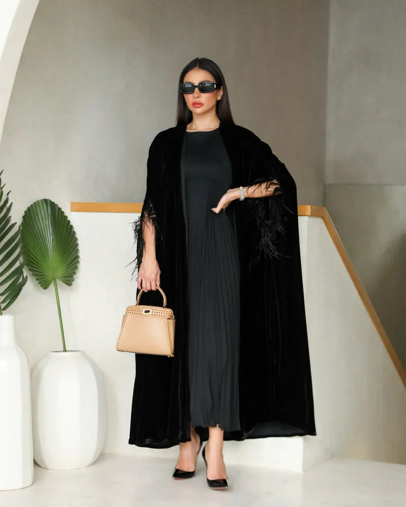 Free size velvet cloak abaya with feathers