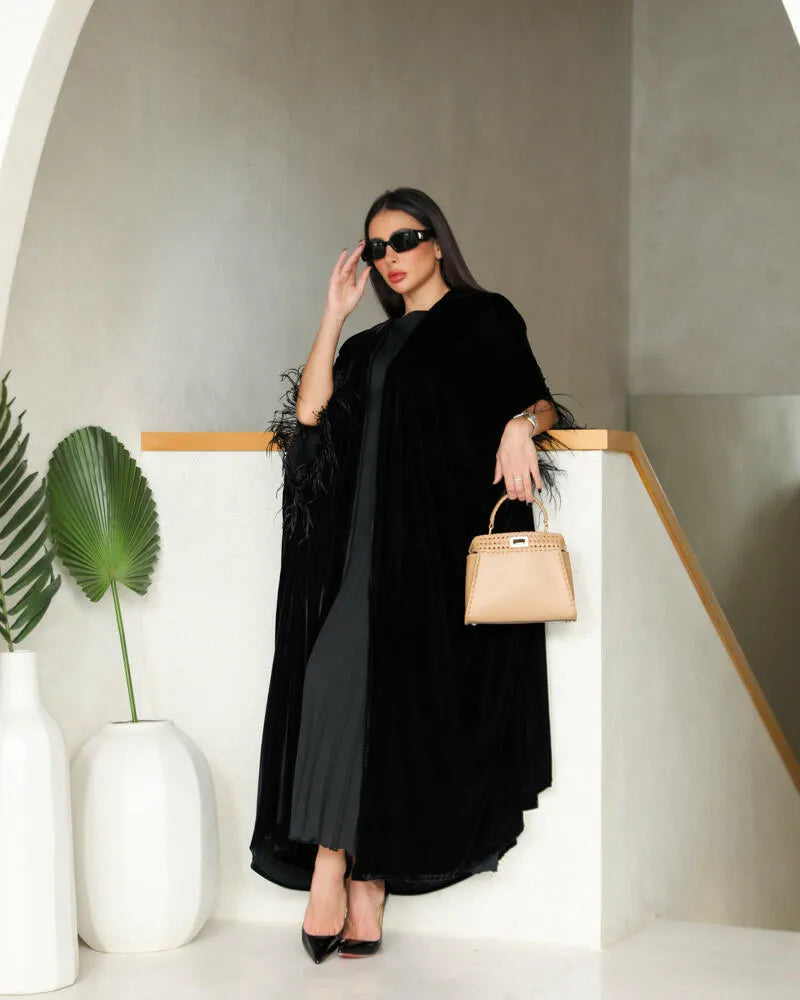 Free size velvet cloak abaya with feathers