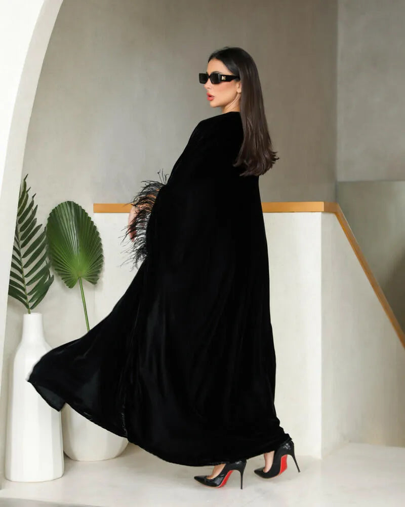 Free size velvet cloak abaya with feathers