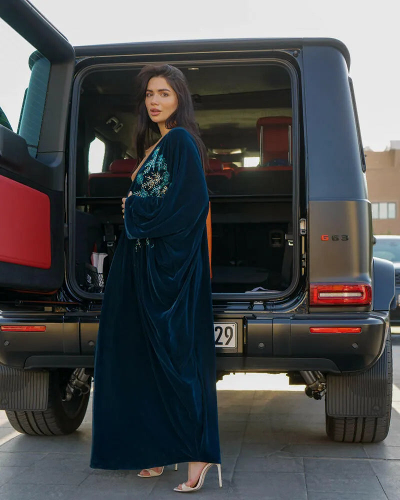 Blue velvet cloak with handmade embroidery