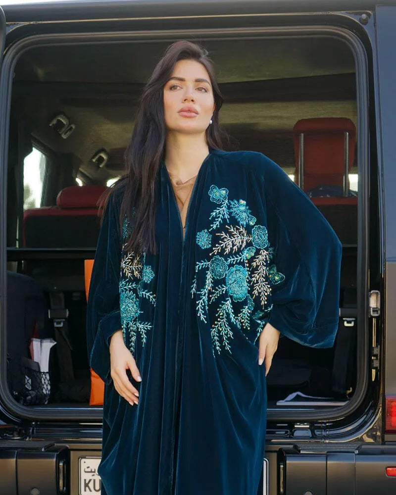 Blue velvet cloak with handmade embroidery