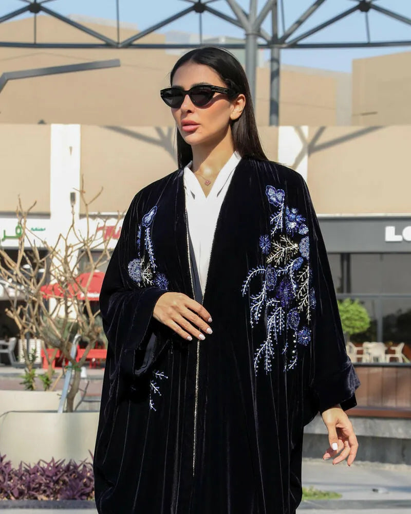 Blue velvet cloak with handmade embroidery and roses