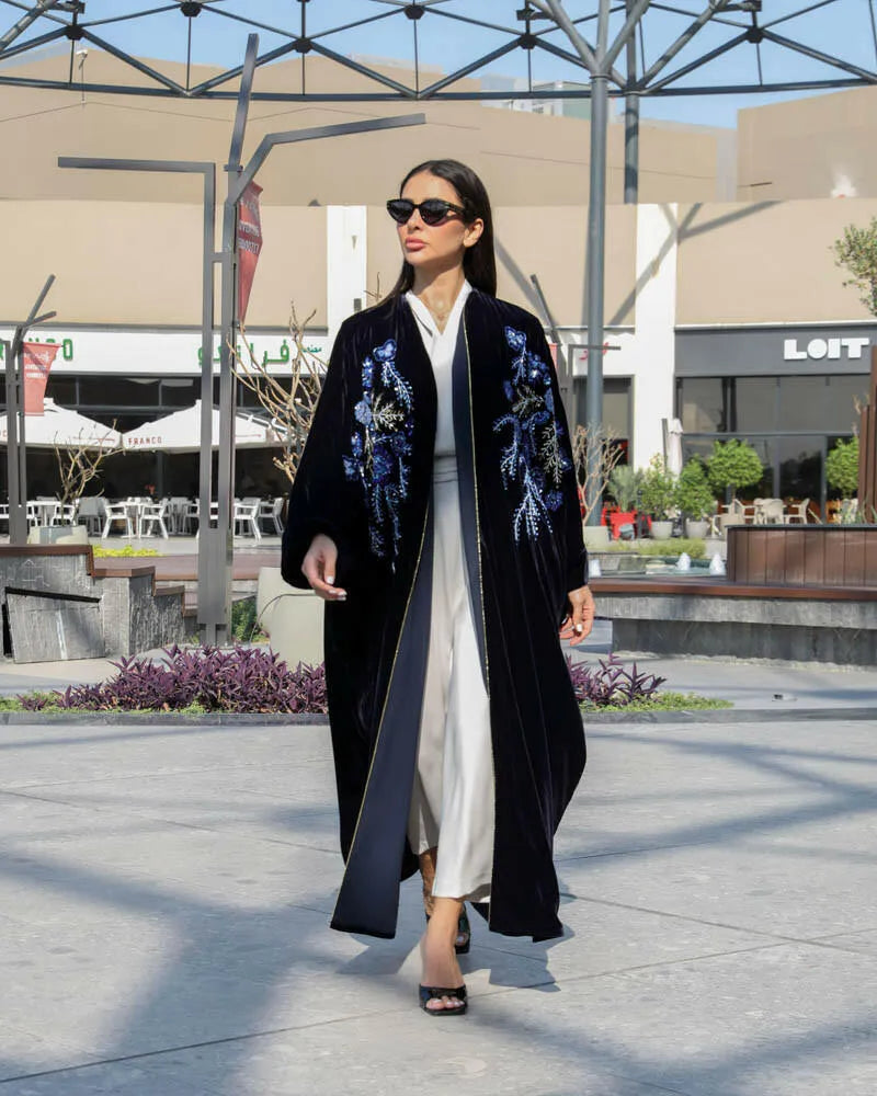 Blue velvet cloak with handmade embroidery and roses
